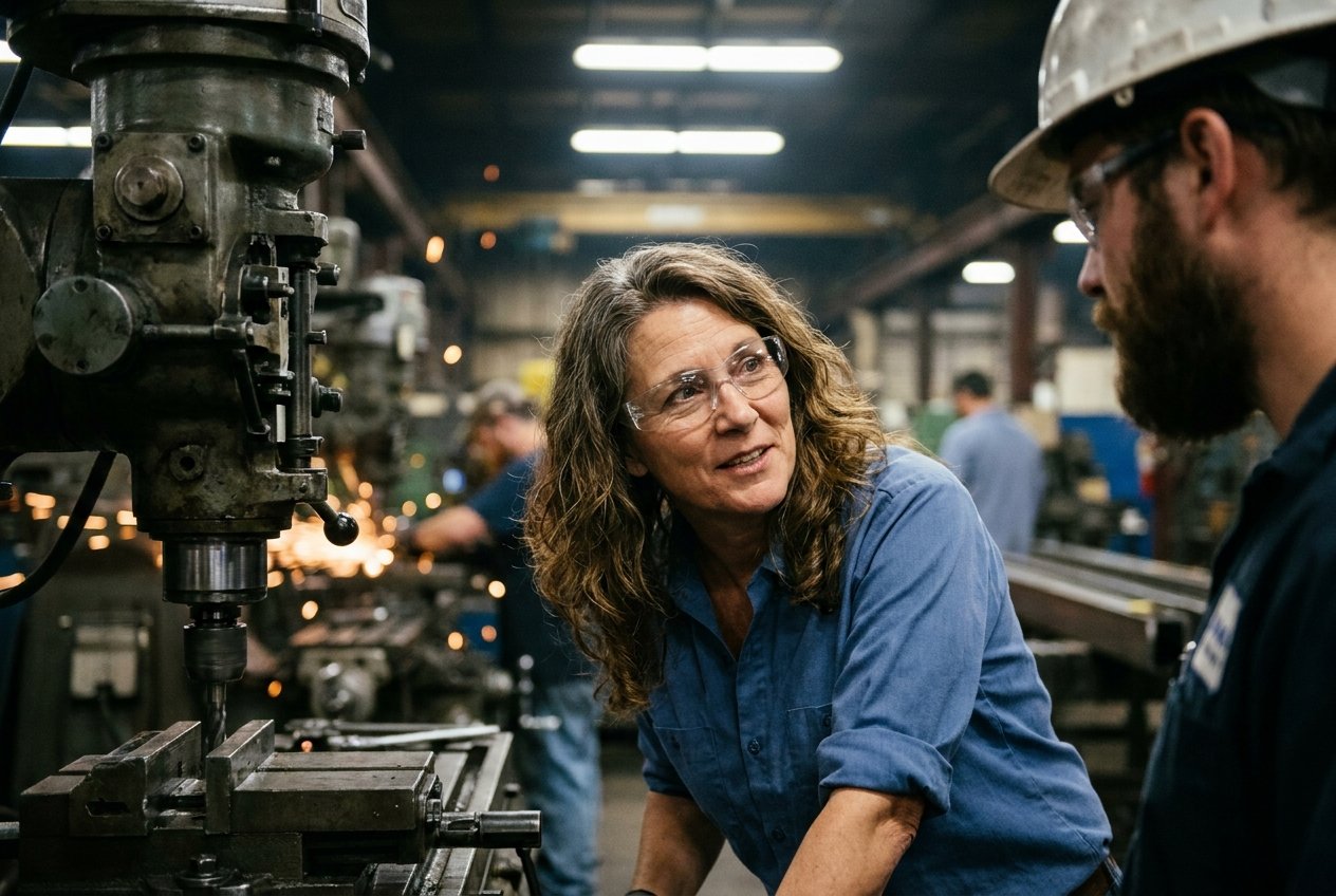 Tess Kovach on a factory floor talking with a worker